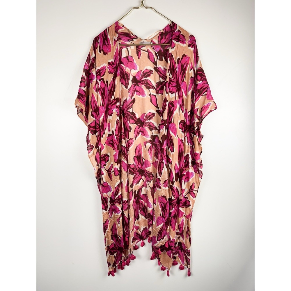Nordstrom Floral Kimono Open Beach Cover Up, One Size, Tassel Trim Boho